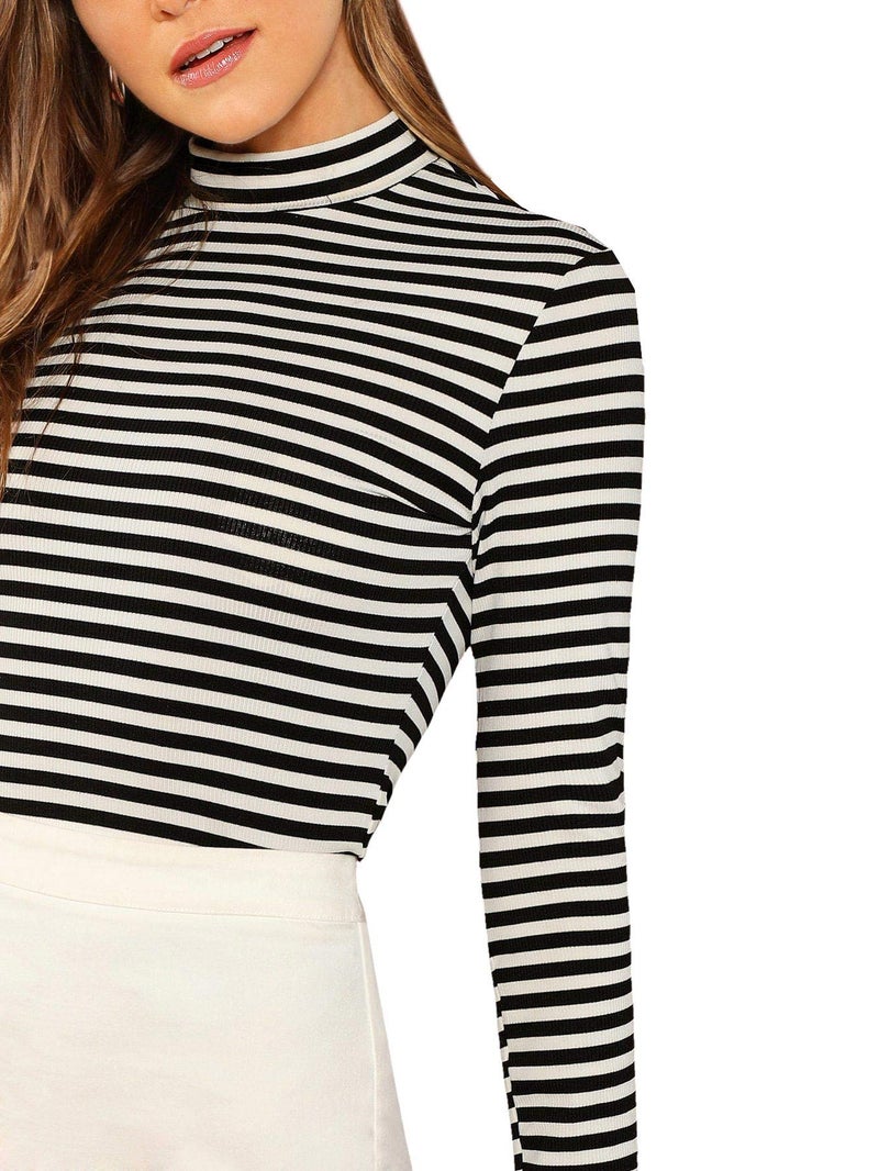 Floerns Women's High Neck Long Sleeve Slim Fit Stretch Striped T-Shirts Black and White, XS - Image 4